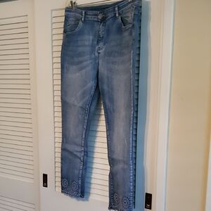 Coco + Carmen Light Blue Cropped Jeans with Embroidered Hem